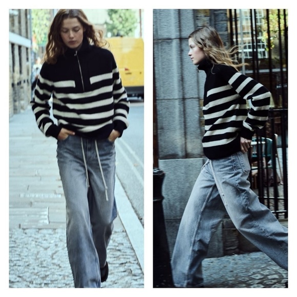 ZARA Navy Blue White Striped 1/4 Zip Oversized Knit Sweater XL NEW Blogger - Picture 1 of 8
